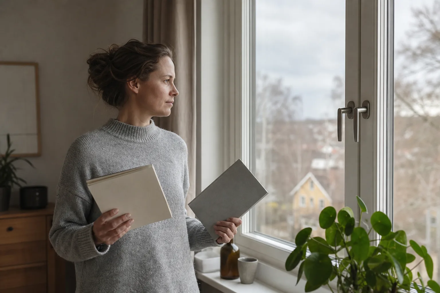 Person vid köksbordet som väger inbjudan till ett rekryteringstest mot kvällens övningspass