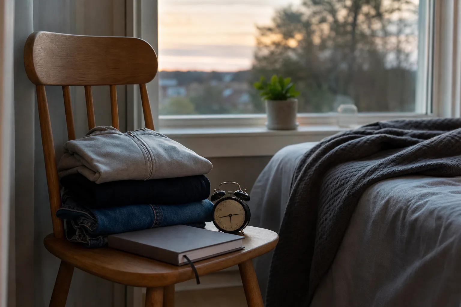 Köksbord kvällen före ett rekryteringstest med laddad laptop, kladdpapper, penna och ett glas vatten