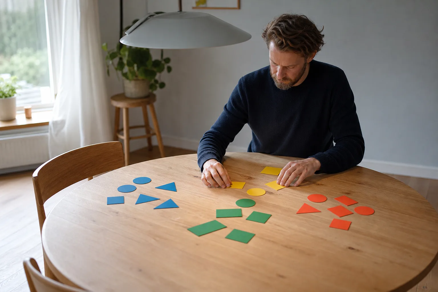Man som sorterar färgade pappersfigurer i grupper på ett matbord för att träna mönsterigenkänning