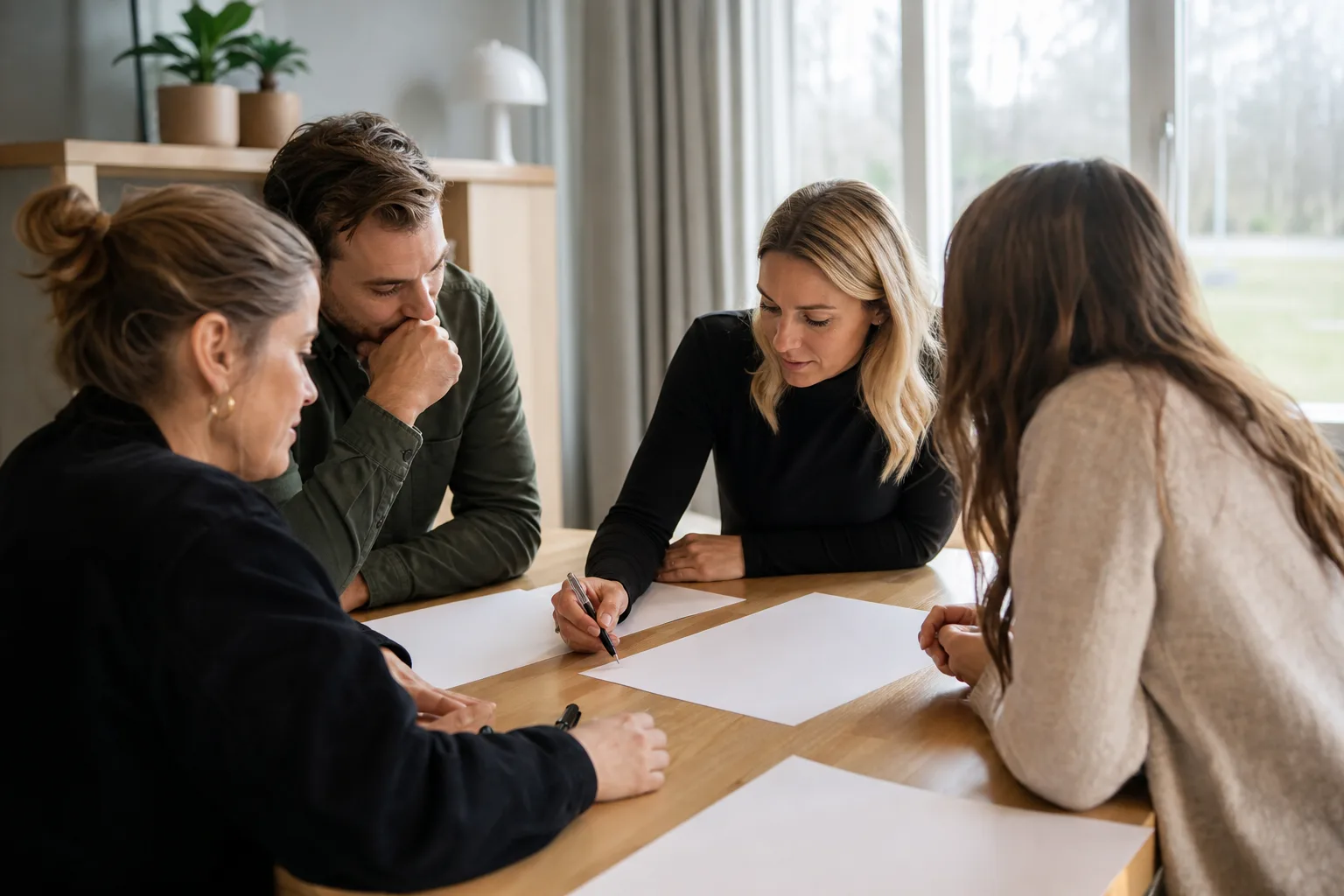 Fyra personer sitter runt ett bord med papper framför sig under en gruppuppgift
