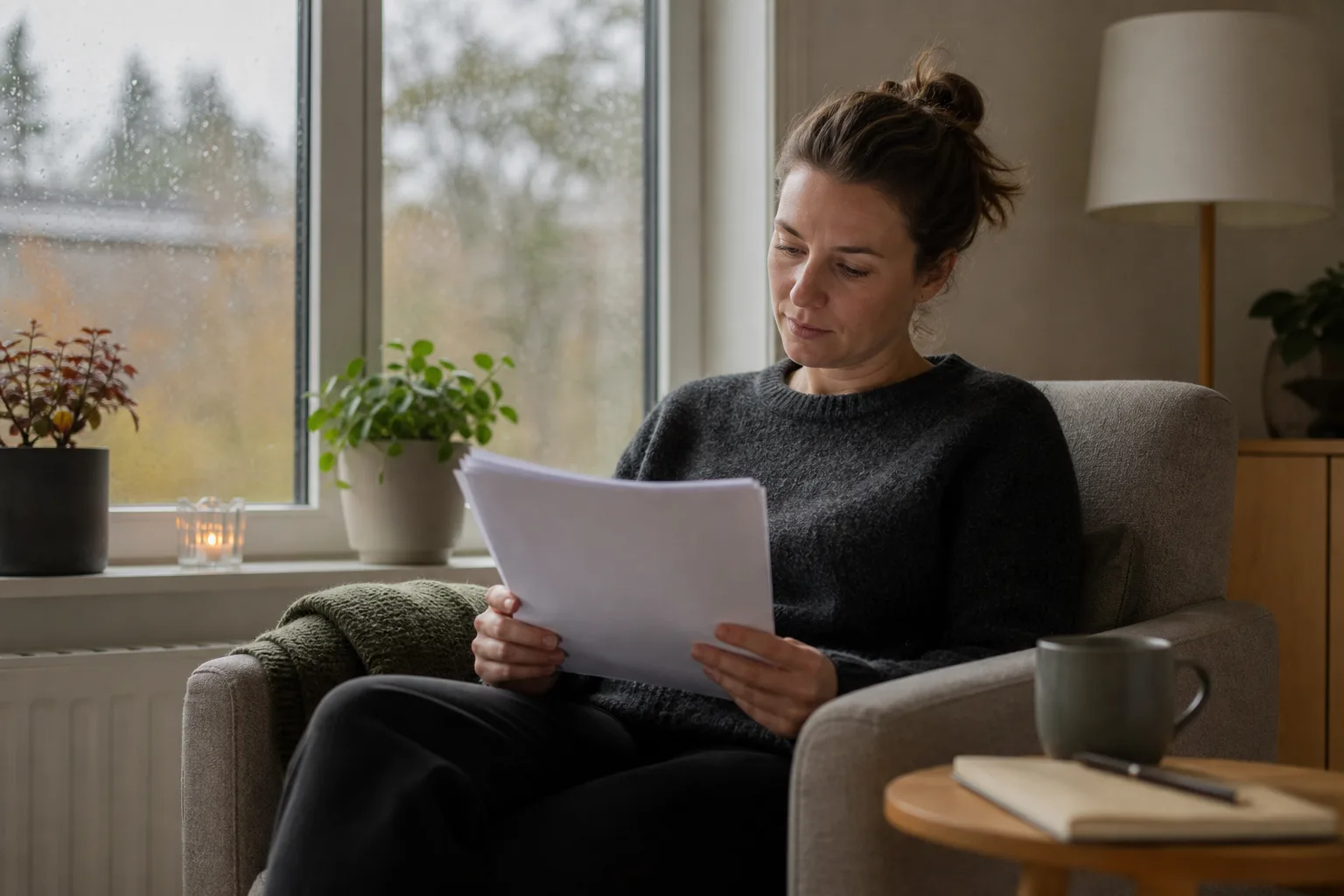 Kvinna i en fåtölj vid ett regnigt fönster som läser igenom en utskriven text